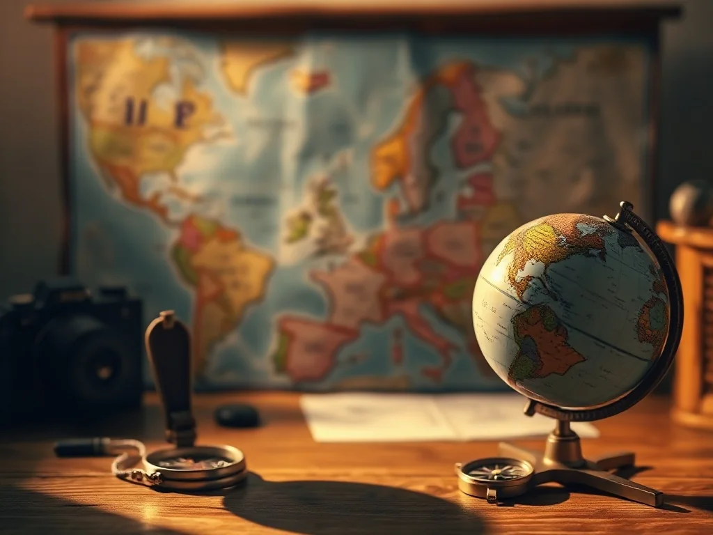 Globus na drewnianym biurku z rozmazaną mapą Europy i kompasem w tle, nawiązujący do tematyki podróży i geografii.