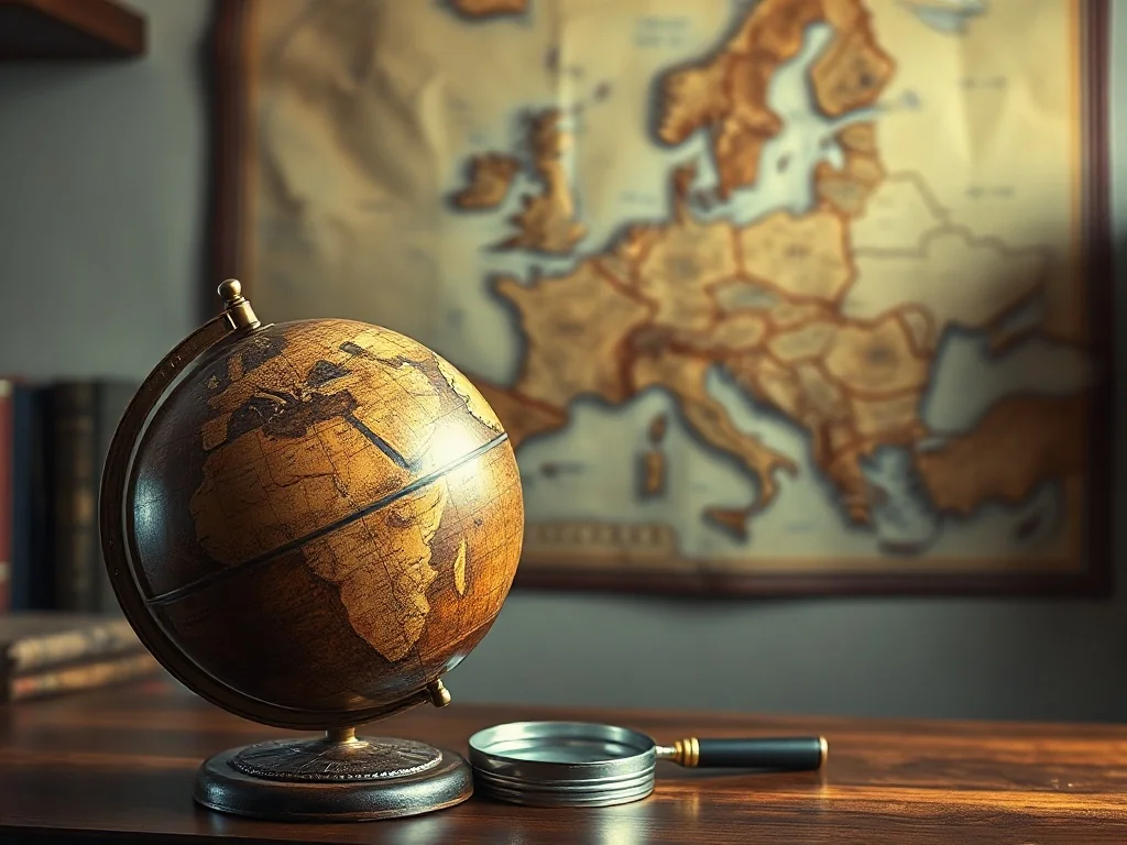Antyczny globus i lupa na drewnianym biurku na tle mapy Europy, symbolizujące podróże i odkrywanie świata.