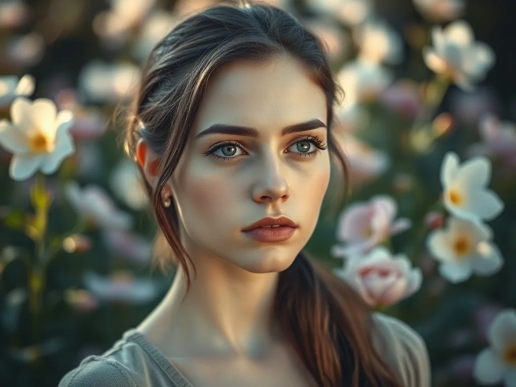Portret młodej kobiety o pogodnym wyrazie twarzy na tle rozmytego, kwitnącego ogrodu w pastelowych barwach.