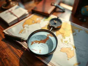 Rozłożona mapa podróżnicza z kompasem i okularami na drewnianym stole, symbolizująca planowanie wypraw do różnych krajów.