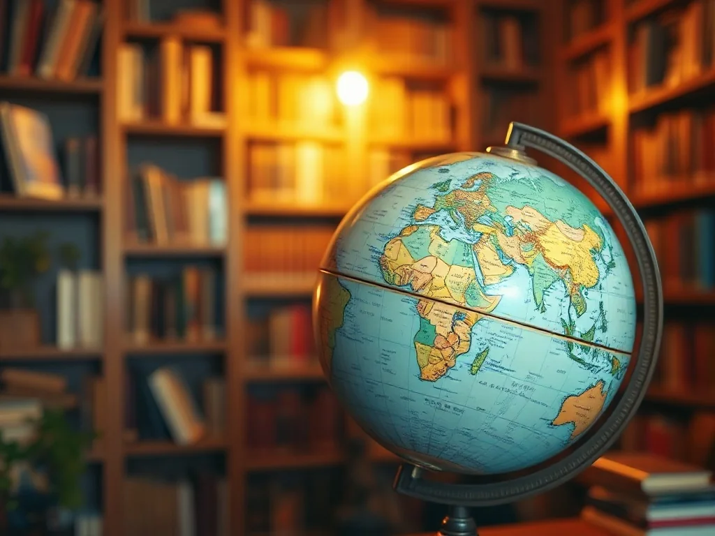 Zabytkowy globus na tle biblioteki z książkami podróżniczymi, symbolizujący odkrywanie państw świata.