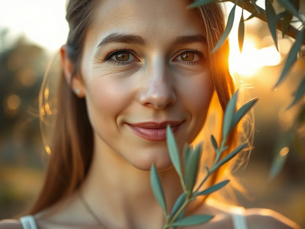 Portret kobiety trzymającej gałązkę oliwną na tle gaju oliwnego, nawiązujący do etymologii imienia Oliwia.