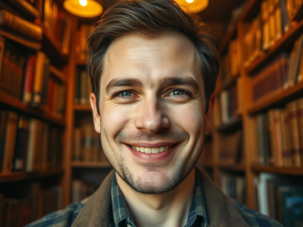 Uśmiechnięty mężczyzna o łagodnym wyrazie twarzy na tle przytulnej biblioteki z regałami pełnymi starych książek.