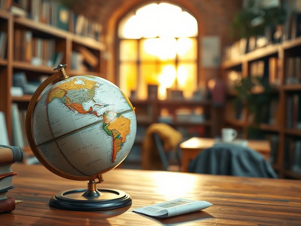 Stary globus na drewnianym biurku z palcem wskazującym mapę w tle biblioteki, nawiązujący do poszukiwania krajów na literę G.