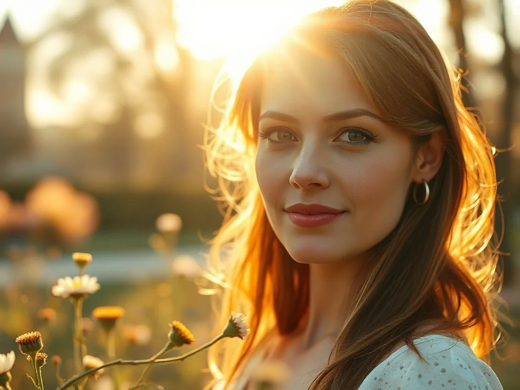 Portret młodej kobiety w słonecznym ogrodzie, podkreślający delikatność i elegancję kojarzoną z imieniem Kornelia.